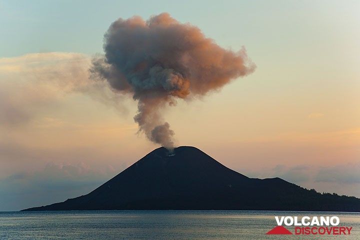 Ash plume rising up from Anak Krakatau in the late evening