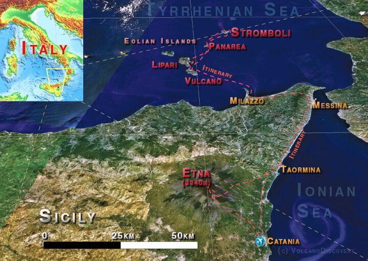 Reiseverlauf: Catania - Taormina (1N) - Vulcano (1N) - Stromboli (3N) - Lipari - Etna (3N)