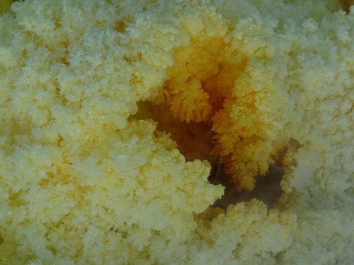 Sulphur deposits and crystals around an active fumrole vent