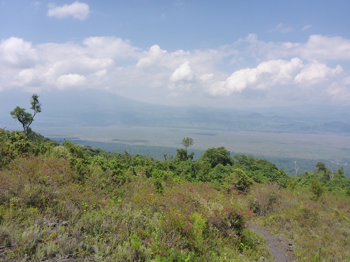 View toward the east halfway up Mt Nyiragongo: the border with Rwanda is across the flat plane where hills start to appear, silhouette of Mt Karisimbi to the left