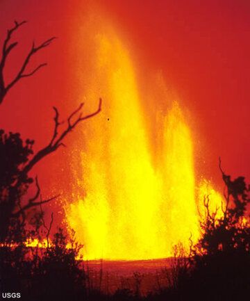 Lava fountain more than 1,000 ft tall from Mauna Ulu, a vent of Kilauea Volcano in Hawaii, on 22 Aug 1969, a spectacular example of a Hawaiian eruption. Photo by D.A. Swanson, HVO / USGS