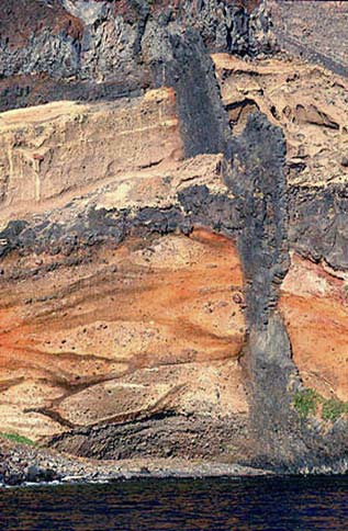 Exposed volcanic dike on Santorini (Greece)