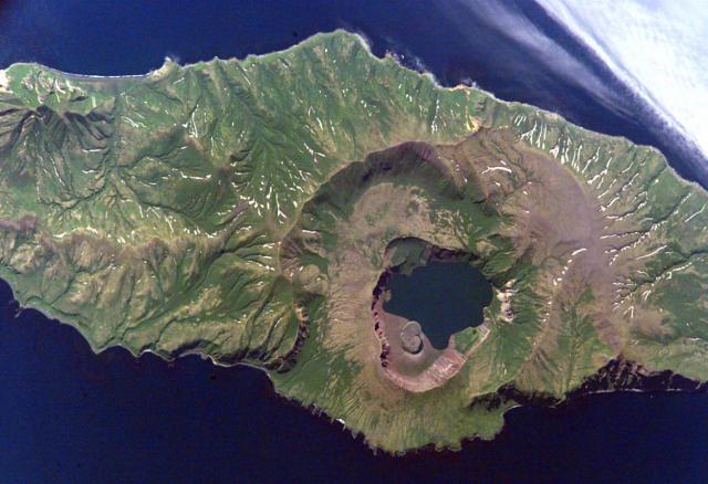 The caldera of Zavaritzki volcano on Simushir Island, Kuriles. NASA International Space Station image ISS-5-E-6512, 2002 (http://eol.jsc.nasa.gov/)