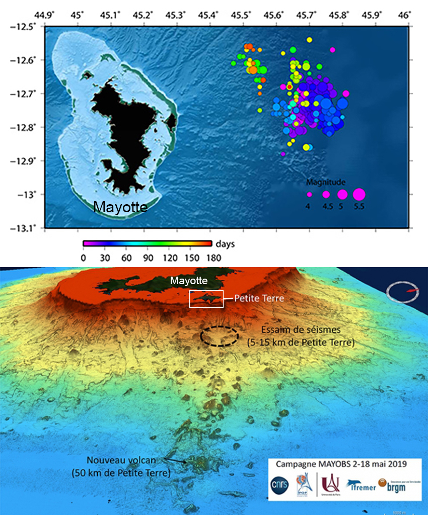 Seafloor image of the submarine vent offshore of Mayotte created with multibeam sonar from 2 to 18 May 2019. The red line is the outline of the volcanic cone located at approximately 3.5 km depth. The blue-green color rising from the peak of the red outline represents fluid plumes within the water column. Courtesy of IPGP. (Source: Global Volcanism Project)