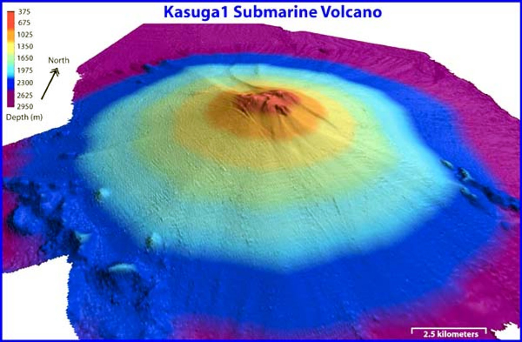 Kasuga 1 is the northernmost of three seamounts in the Kasuga seamount chain. It rises to within about 600 m of the sea surface. Pumice from a submarine eruption was witnessed in 1959. (Image: NOAA, 2003, http://oceanexplorer.noaa.gov/explorations/03fire/logs/mar02/media/kasuga.html)