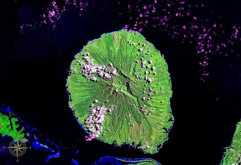 Kolombangara Island in the Solomon Islands. The summit caldera is clearly visible. (NASA satellite image)