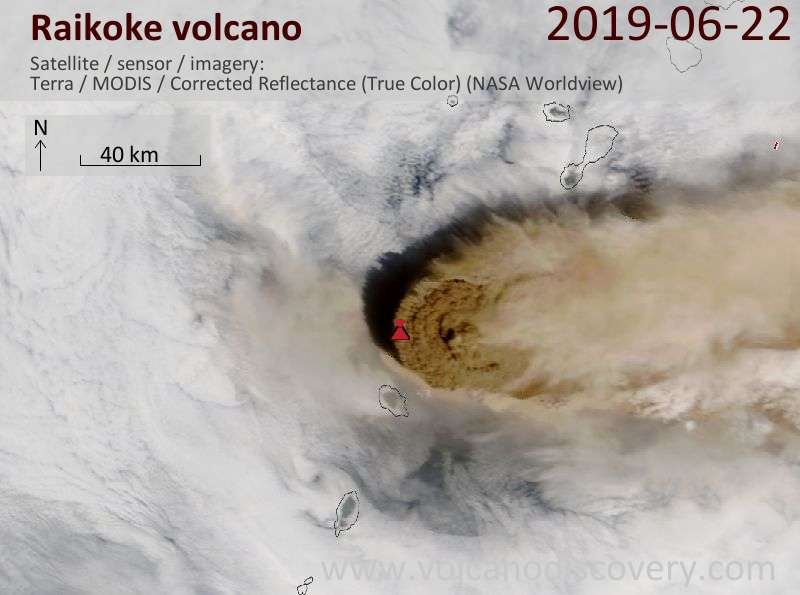 Eruption plume of the 21 June 2019 eruption seen from satellite on 22 June