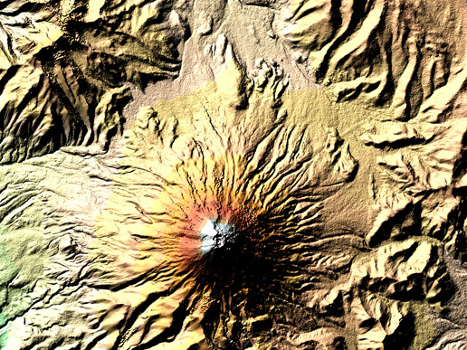 The digital elevation model of Cotopaxi volcano acquired by SRTM. With its resolution of 25 m x 25 m, is so rich in detail that you can even make out an inner crater with a diameter of 120 m by 250 m inside the outer crater (800 m x 650 m). Blue and green correspond to the lowest elevations in the image, while beige, orange, red, and white represent increasing elevations. (Image Credit: NASA Earth Observatory)