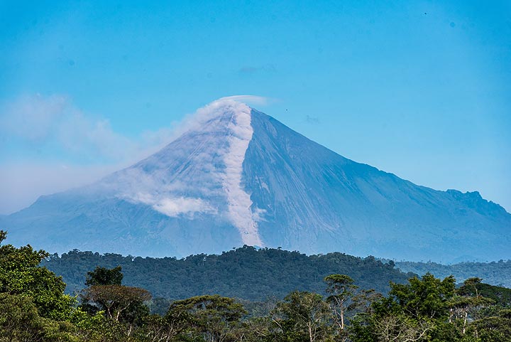 Sangay volcano during an eruption in Jan 2020 seen from Macas