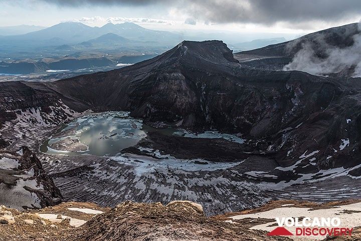 The eastern central crater of Gorely, often filled with an acid lake.