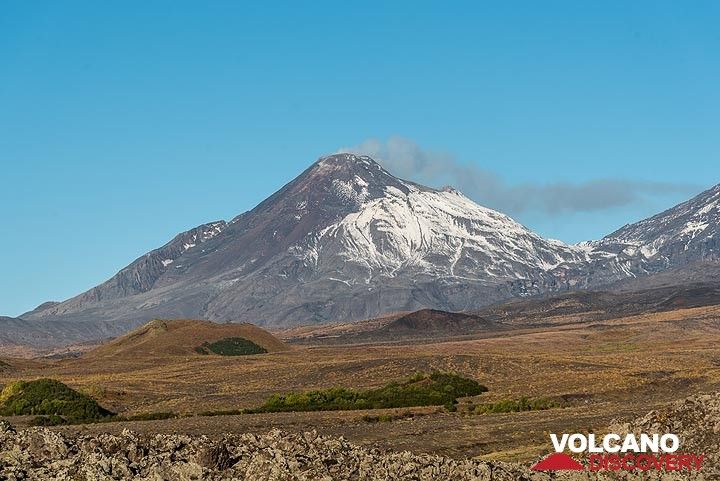 Bezymianny volcano with the steaming lava dome seen from the east
