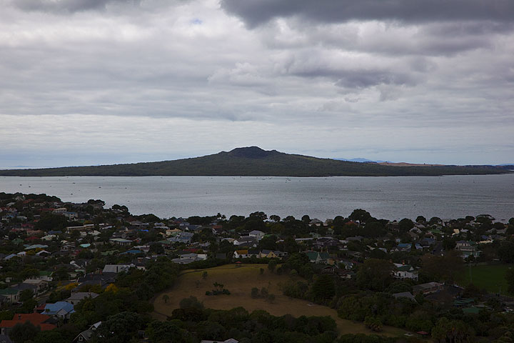 Rangitoto Island, part of the Auckland volcanic field, formed about 600 years ago during the largest eruption of the Auckland Field. View is from top of Mt Eden - an old crater close to the center of Auckland.