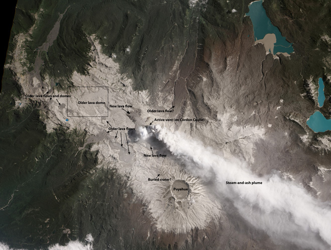 Puyehue-Cordón Caulle with the steam and ash plume from the rift zone eruption seen from space on 26 January 2012 (NASA Earth Observatory)