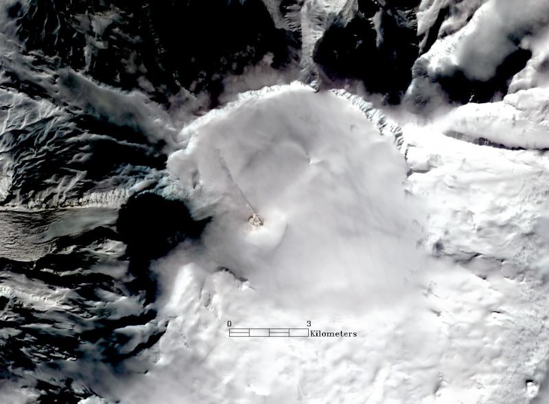 ASTER (Advanced Spaceborne Thermal Emission and Reflection Radiometer) satellite image showing a steam plume emitting from the active intracaldera cone at Veniaminof Volcano on March 4, 2008 at 12:57 PM AKS (image processed by AVO/USGS, Image data courtesy of NASA/GSFC/METI/ERSDAC/JAROS, and U.S./Japan ASTER Science Team)